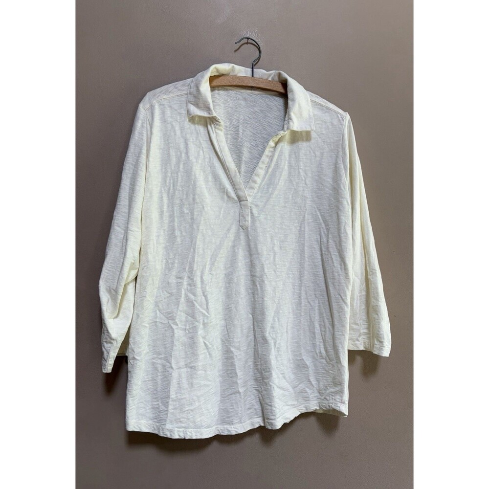 Lands End Cotton Womens Top 2X Ivory Polo 3/4 Sleeve V Neck Collared Pullover